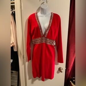 VENUS Red Long Sleeve Dress with Silver Accents